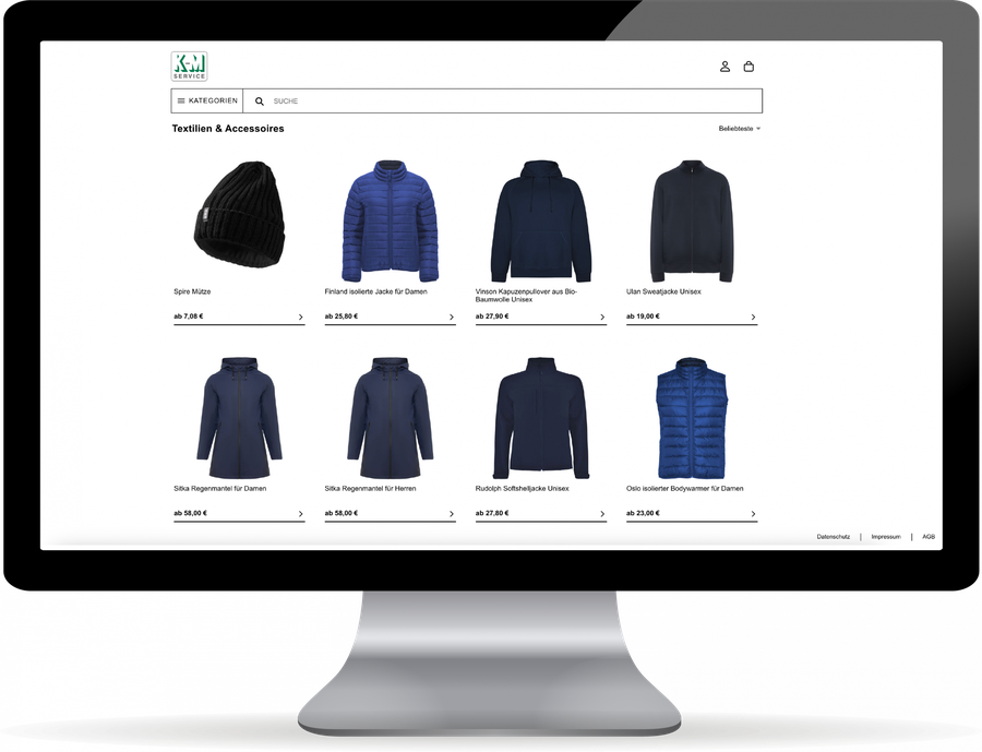 Bildschirmansicht eines Werbemittelshops mit Textilartikeln